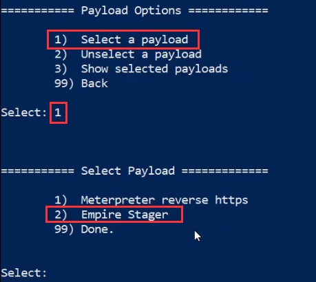 Luckystrike prompt - payload options - select a payload highlighted Luckystrike prompt - payload options - select a payload highlighted