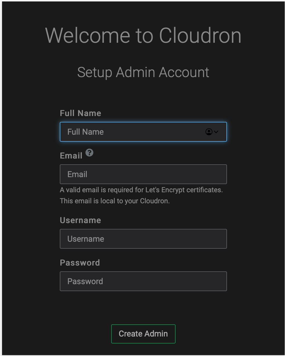 Cloudron Setup Admin Account Cloudron Setup Admin Screen
