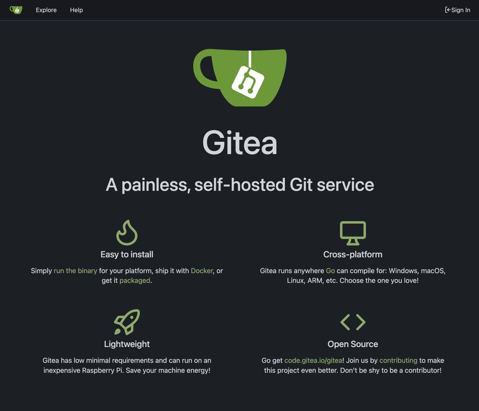 Gitea welcome page The Gitea welcome page.