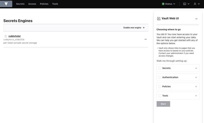 Screenshot of unsealed Vault web UI Screenshot of unsealed Vault web UI
