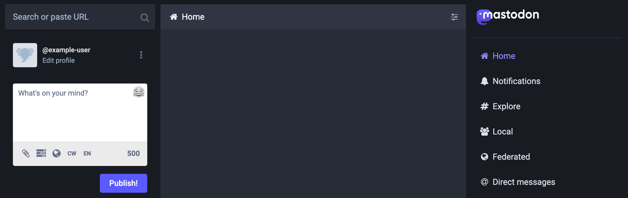 Screenshot of the Mastodon user home page Screenshot of the Mastodon user home page