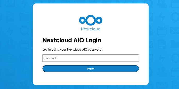 Screenshot of the Nextcloud AIO log in prompt Screenshot of the Nextcloud AIO log in prompt