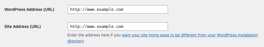 Screenshot of the WordPress/Site Address URL fields Screenshot of the WordPress/Site Address URL fields
