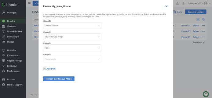 Cloud Manager Rescue form - /dev/sda highlighted Cloud Manager Rescue form - /dev/sda highlighted