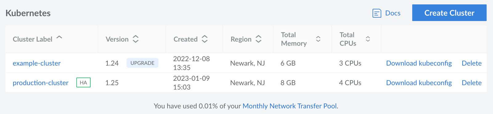 Screenshot of the Kubernetes listing page in Cloud Manager Screenshot of the Kubernetes listing page in Cloud Manager