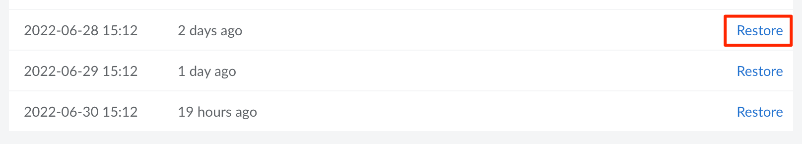 Screenshot of several available backups highlighting the restore button Screenshot of several available backups highlighting the restore button