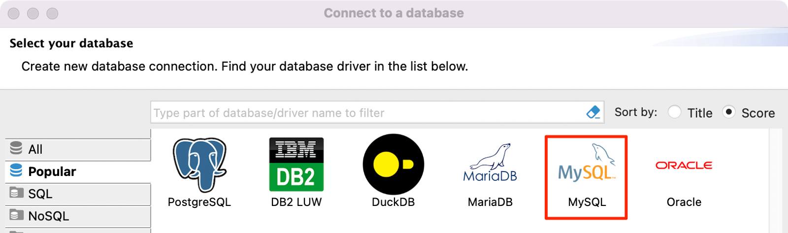 Screenshot of the DBeaver database selection screen with MySQL highlighted Screenshot of the DBeaver database selection screen with MySQL highlighted