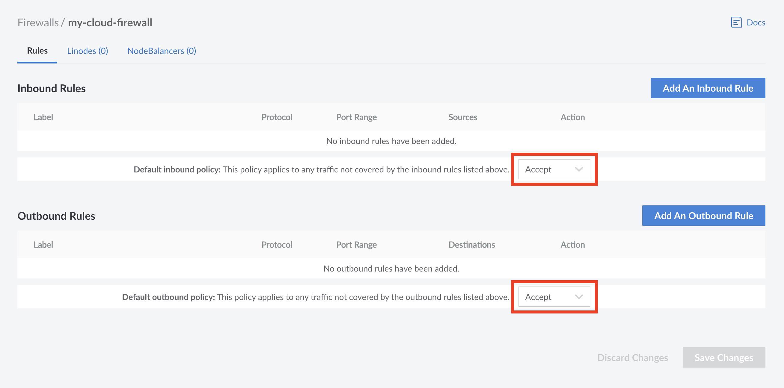 Click on the Add an Inbound/Outbound Rule link. Default policy selection.