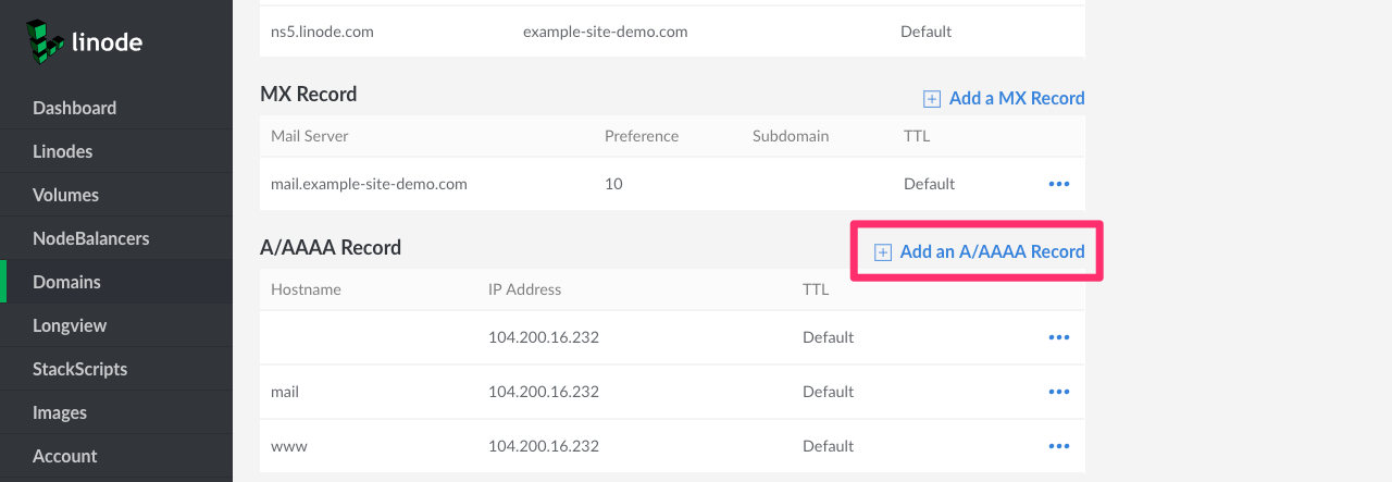 Create a new A record by first click on Add an A/AAAA Record Create a new A record by first click on Add an A/AAAA Record