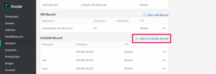 Create a new A record by first click on Add an A/AAAA Record Create a new A record by first click on Add an A/AAAA Record