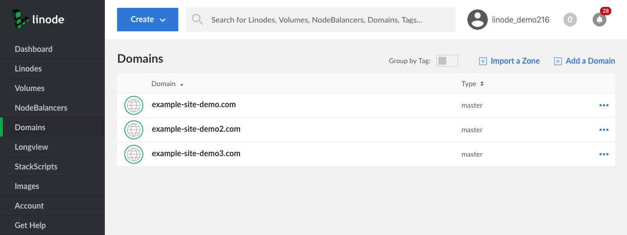 This page shows the Domains page with three different domain zones listed. This page shows the Domains page with three different domain zones listed.