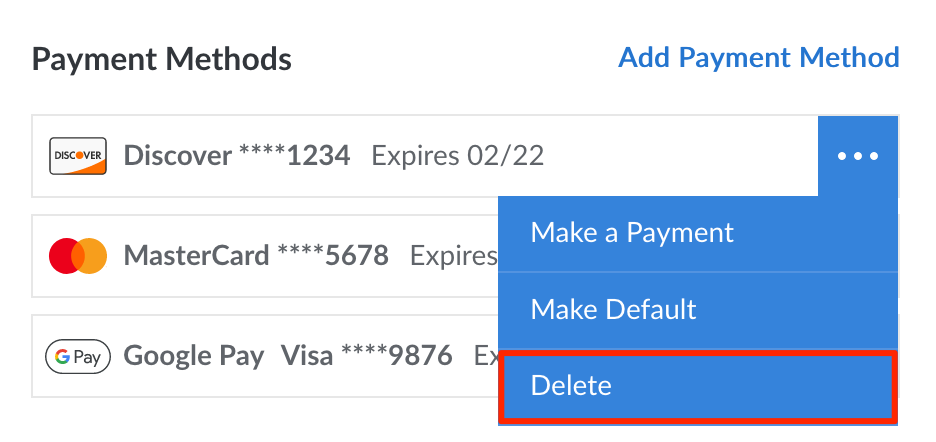 The Delete button within a payment methods dropdown menu The Delete button within a payment methods dropdown menu