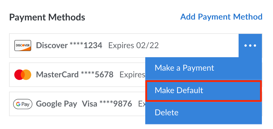 The Make Default button within a payment methods dropdown menu The Make Default button within a payment methods dropdown menu