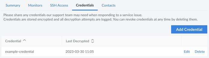 Screenshot of credentials for Managed Services in Cloud Manager Screenshot of credentials for Managed Services in Cloud Manager
