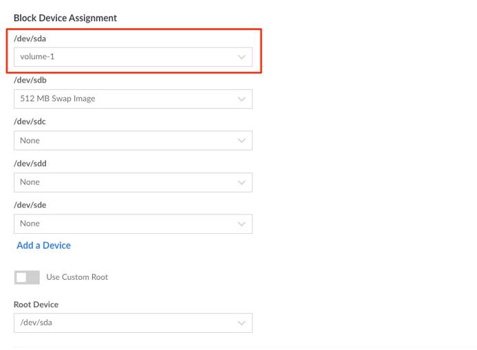 Configuration Management Block Device Assignment shows /dev/sda set to the Block Storage Volume /dev/sda set to Block Storage Volume