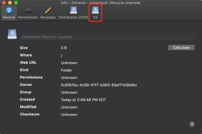 Open the Cyberduck bucket settings menu. Open the Cyberduck bucket settings menu.