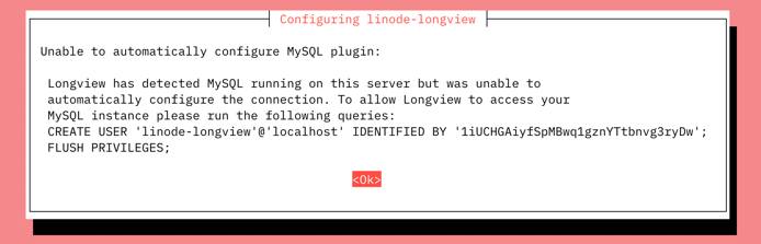 Screenshot of MySQL notice when configuring Longview Screenshot of MySQL notice when configuring Longview